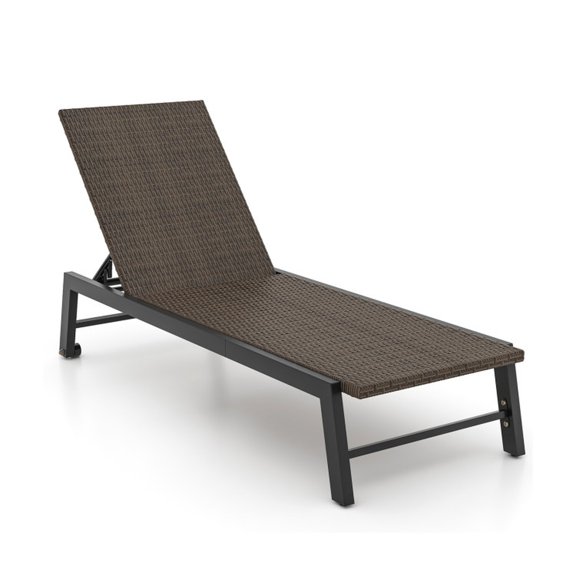 Biotree Patio PE Rattan Chaise Lounge with 5-Level Backrest and Wheels Stackable Patio Chair for Garden Backyard, Brown