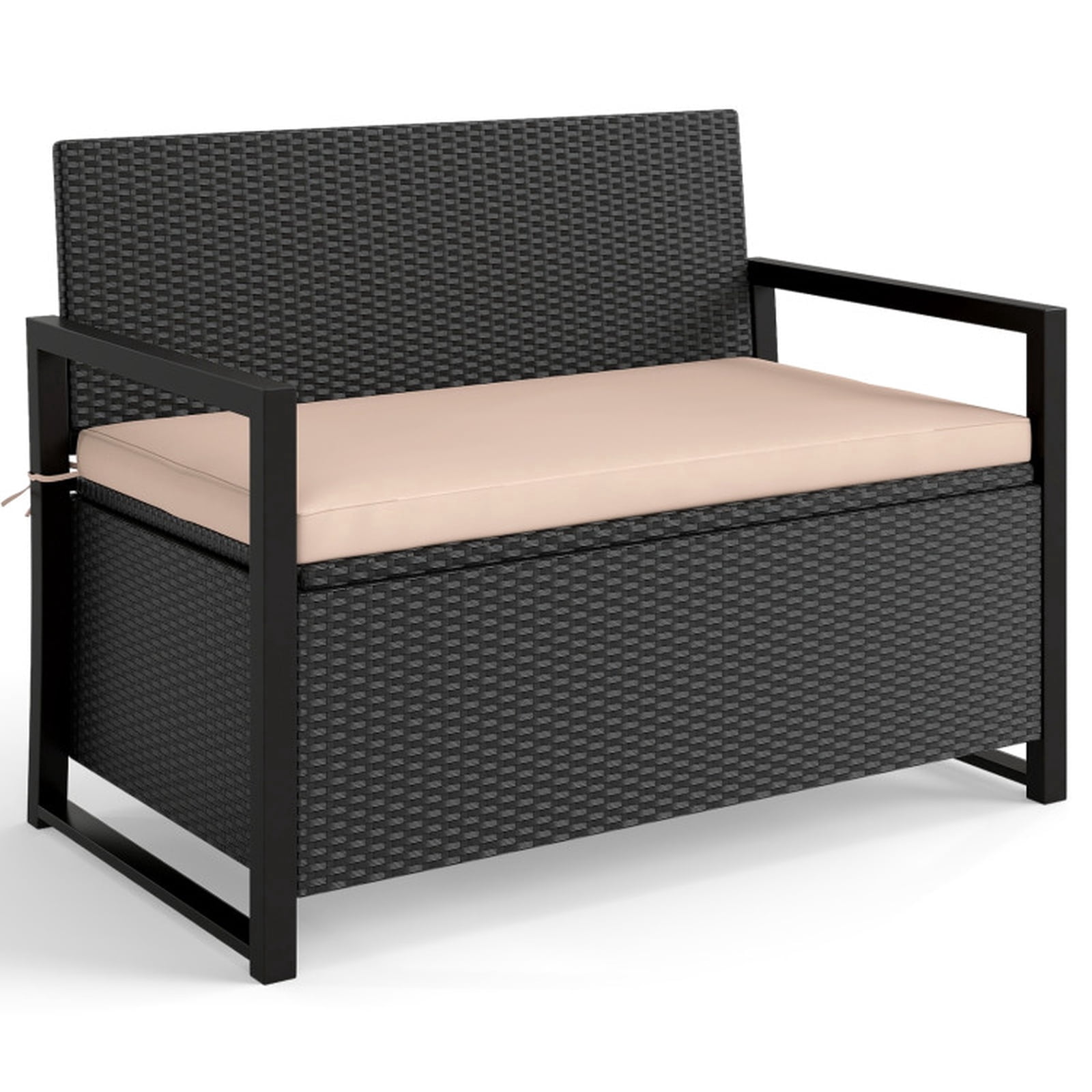 Biotree Patio Storage Bench Outdoor Wicker Loveseat with Built-in 40-Gallon Weatherproof Storage and Cushion , Brown
