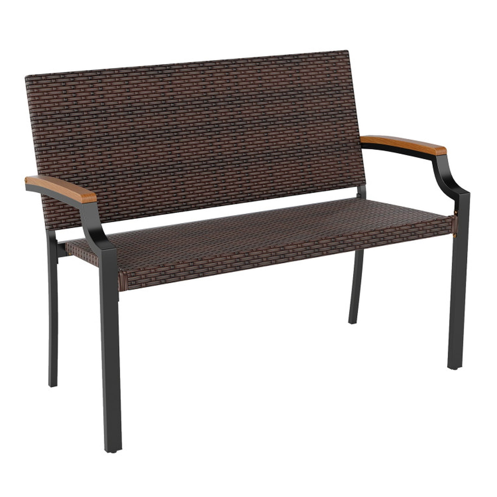 Biotree Patio Wicker Loveseat Chair with Acacia Wood Armrests and Metal Frame Stackable Patio Chair for Garden Backyard, Mix Brown