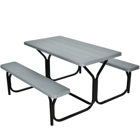 Biotree HDPE Outdoor Picnic Table Bench Set with Metal Base Weatherproof Patio Table for Backyard Deck Garden and Camping, Gray