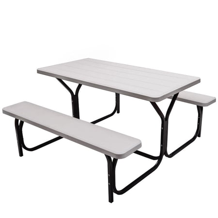 Biotree HDPE Outdoor Picnic Table Bench Set with Metal Base Weatherproof Patio Table for Backyard Deck Garden and Camping, White