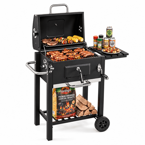 Biotree Portable Outdoor Charcoal BBQ Grill with Adjustable Charcoal Tray, Charcoal Grill on Wheels with Warming Rack, BBQ Smoker Cooker for Backyard Patio Camping Black