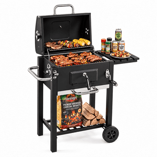 Biotree Portable Outdoor Charcoal BBQ Grill with Adjustable Charcoal Tray, Charcoal Grill on Wheels with Warming Rack, BBQ Smoker Cooker for Backyard Patio Camping Black