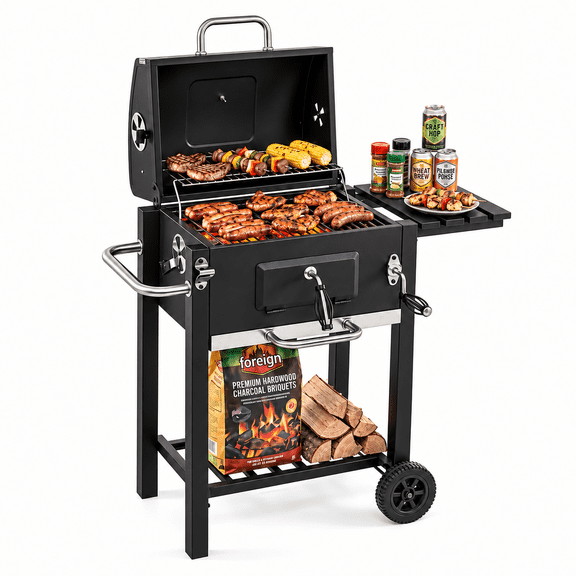 Biotree Portable Outdoor Charcoal BBQ Grill with Adjustable Charcoal Tray, Charcoal Grill on Wheels with Warming Rack, BBQ Smoker Cooker for Backyard Patio Camping Black