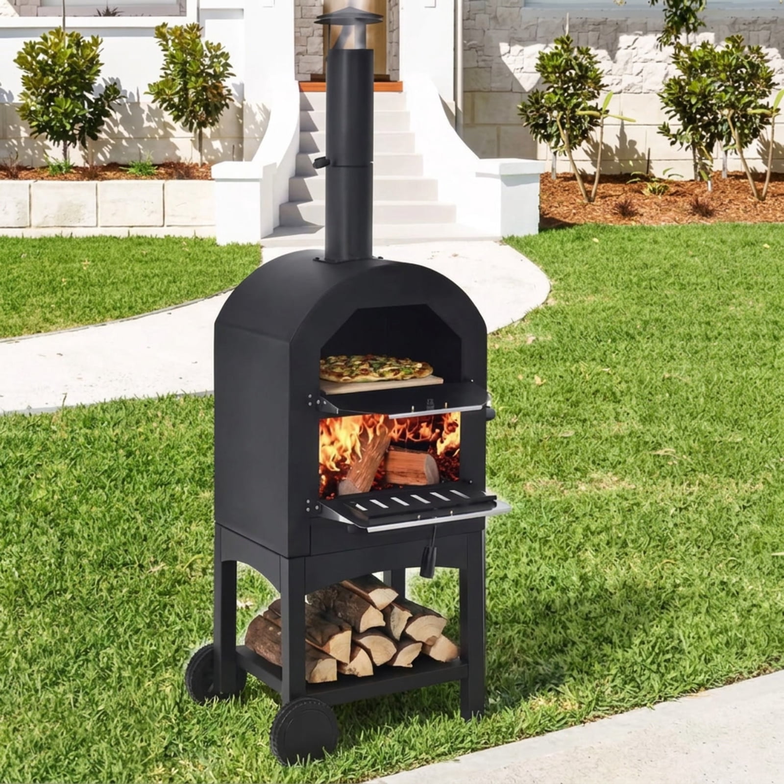 Biotree Portable Outdoor Pizza Oven with Pizza Stone and Waterproof Cover for Backyard Cooking, Black