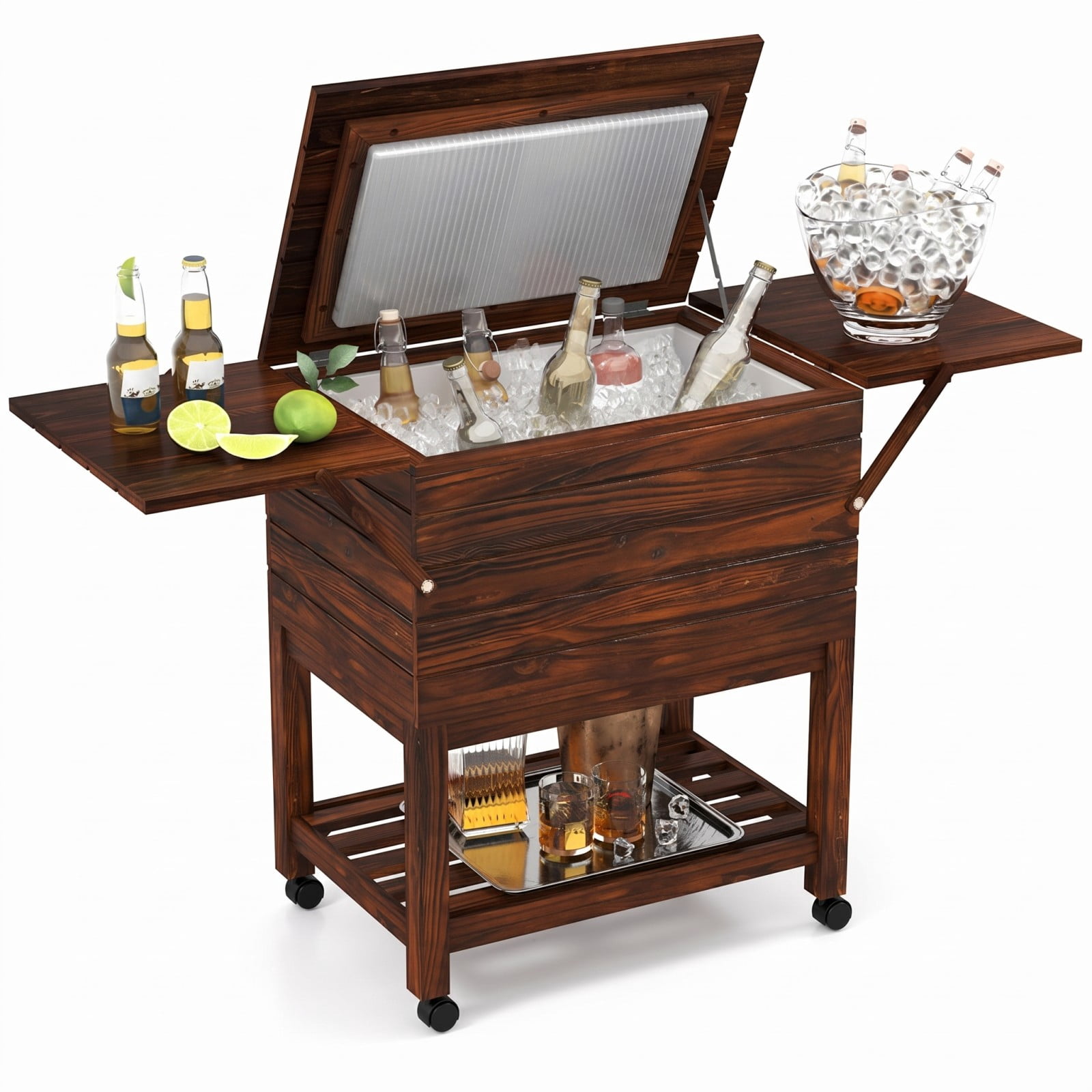 Biotree 54 Quart Wooden Cooler Cart for Patio with Shelves Rolling Ice Chest with Drain Plug Outdoor Cooler Cart, Brown