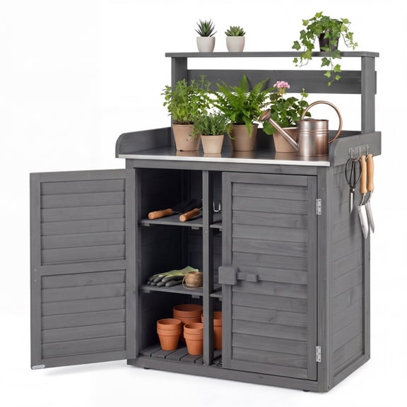 Biotree Potting Bench Workstation with Stainless Steel Top, Wood Garden Work Table with Removable Shelves and Storage Cabinet for Yard, Gray