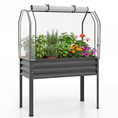 Biotree, Raised Garden Bed with Greenhouse Cover, Electroplated Metal, 44" x 22" x 60", for Backyard Lawn Vegetables Flowers, Gray
