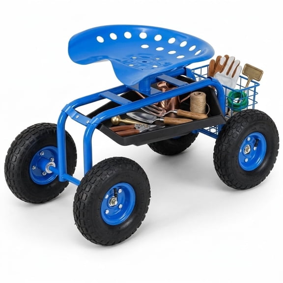 Biotree Rolling Garden Cart with Seat, 360°Swivel Seat & Adjustable Height,330lbs Load Capacity, Wagon Scooter with Storage Bracket and Tool Tray, Suitable for Patio Yard,Blue