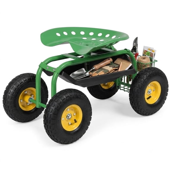Biotree Rolling Garden Cart with Seat, 360°Swivel Seat & Adjustable Height ,330lbs Load Capacity, Wagon Scooter with Storage Bracket and Tool Tray, Suitable for Patio Yard,Green