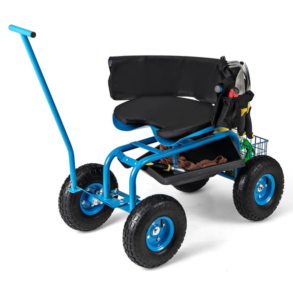 Biotree Rolling Garden Cart with Height Adjustable Swivel Seat and Storage Basket-Blue Outdoor Gardening