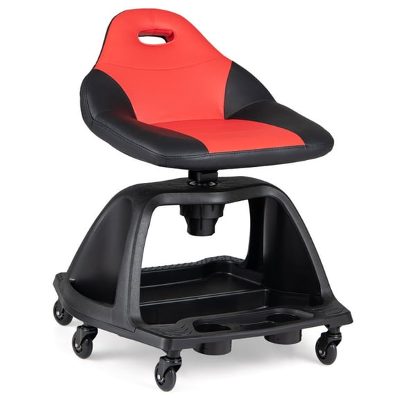 Biotree Rolling Mechanic Stool 29.5" x 23" Adjustable Height Shop Seat for Garage with Tool Tray for Garage Shop, Red