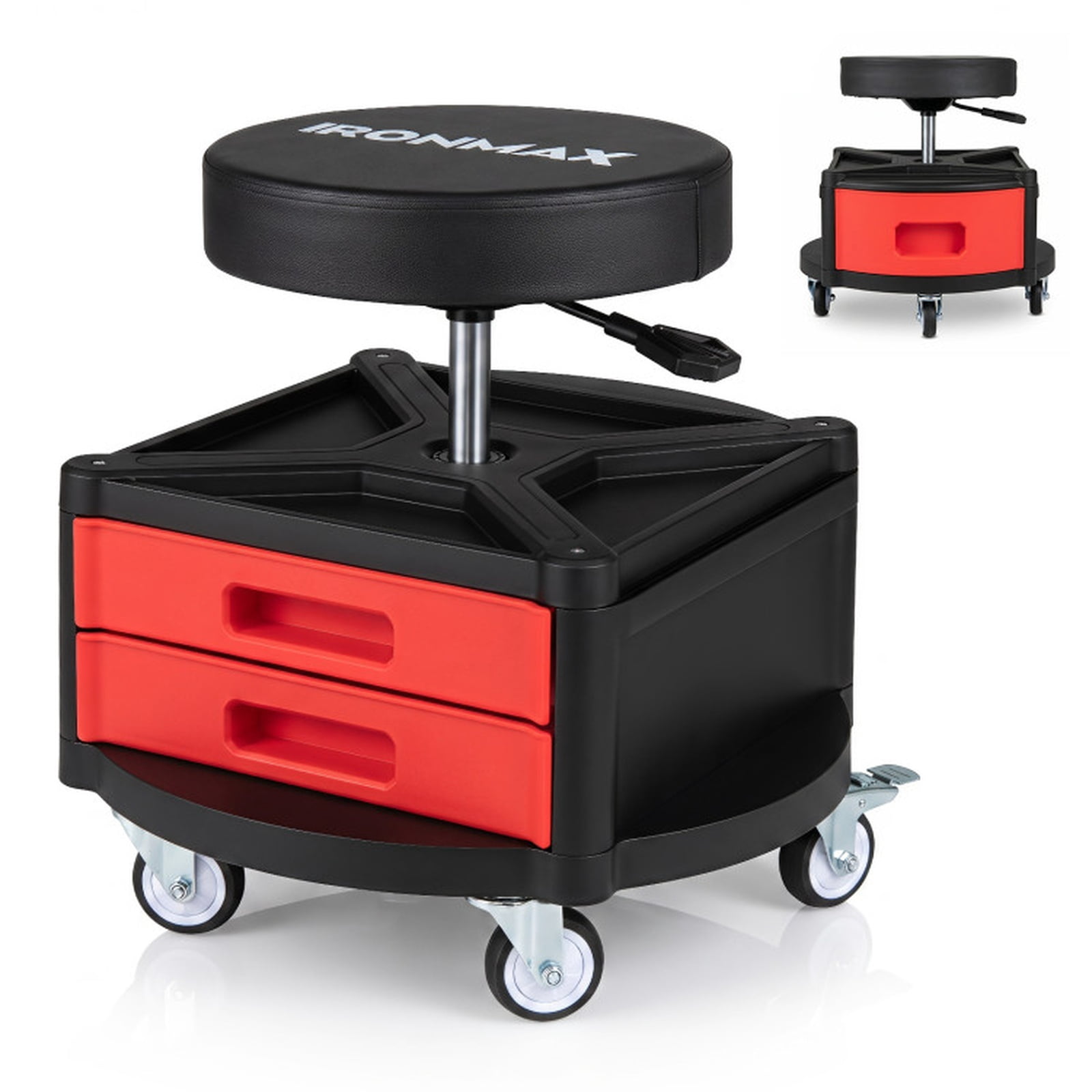 Biotree Rolling Mechanic Stool Adjustable Height Shop Seat for Garage 23" x 20.5" with Tool Tray for Garage Shop, Red