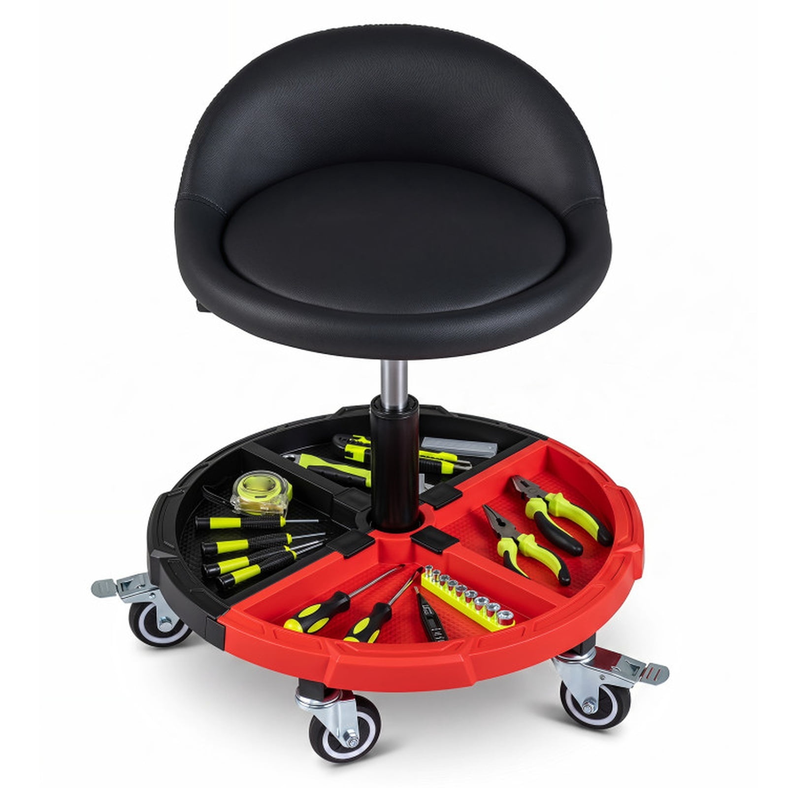 Biotree Rolling Mechanic Stool with Tool Tray for Garage Shop 26.5" x 21" x 12.5" Adjustable Height Shop Seat for Garage, Red