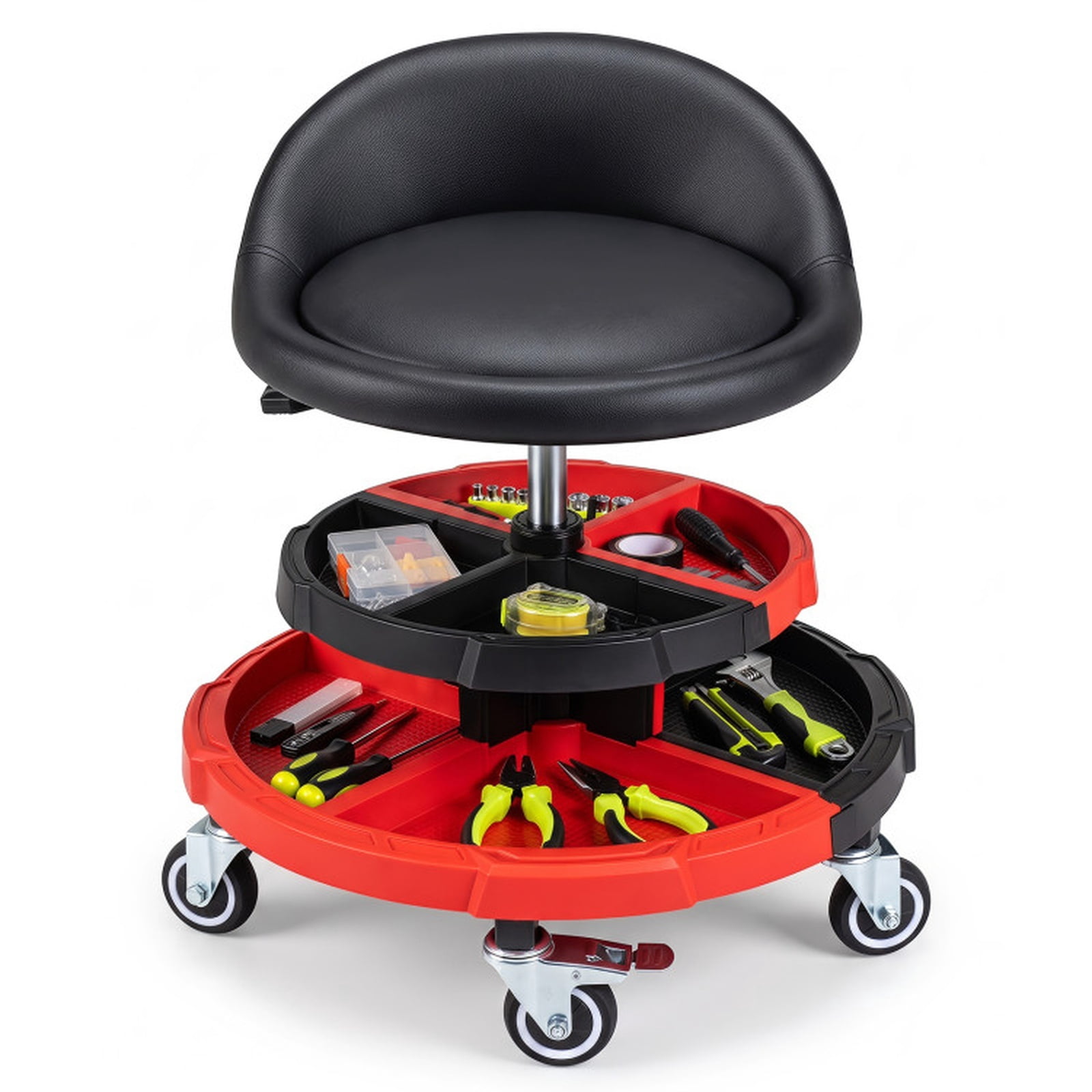 Biotree Rolling Shop Stool 26.5" x 21" x 12.5" with Tool Storage for Garage Shop Adjustable Swivel Shop Seat, Red