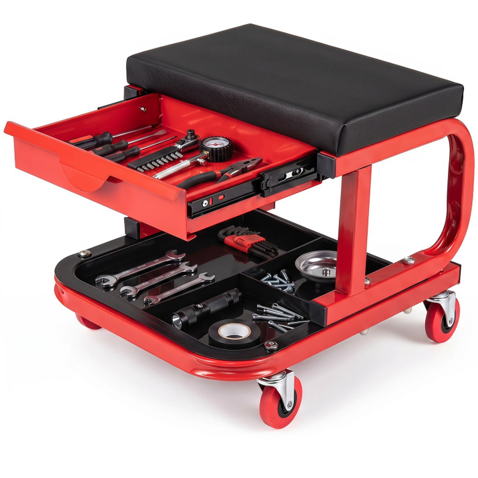Biotree Rolling Shop Stool Adjustable Swivel Shop Seat 14.5" x 17.5" x 9" with Tool Storage for Garage Shop, Red