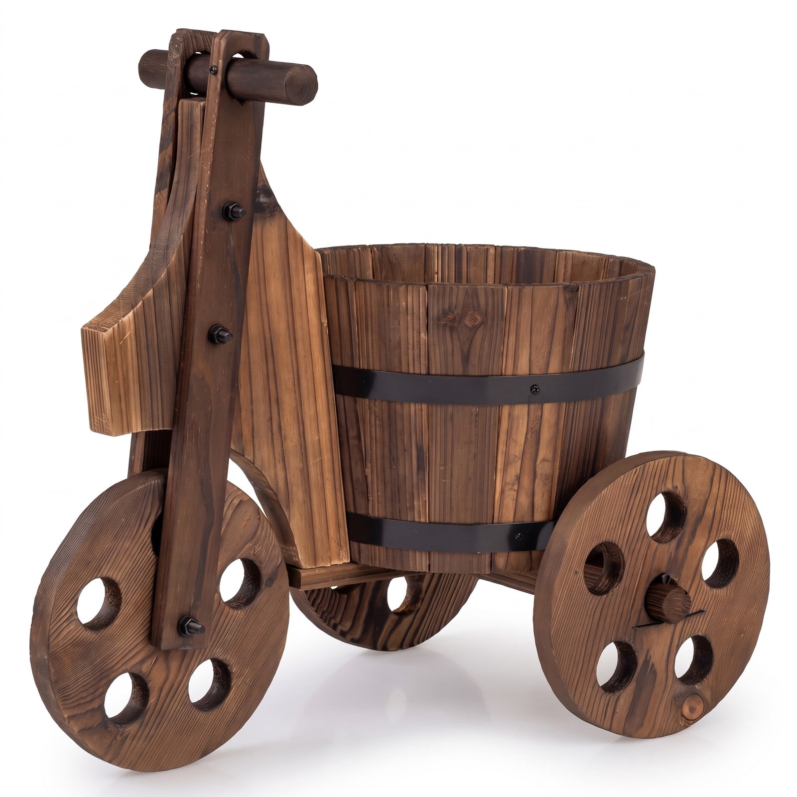 Biotree Rustic Wood Tricycle Planter Barrel Flower Pot Cart with Drainage Hole, Fir Wood Garden Plant Stand for Succulents Herbs Vegetables, Coffee