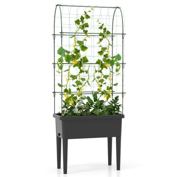Biotree Self-Watering Raised Garden Bed Elevated Planter with Climbing Trellis, 30x14.5x74.5 Inch PP Metal Tall Outdoor Vertical Garden Tower, Black Finish