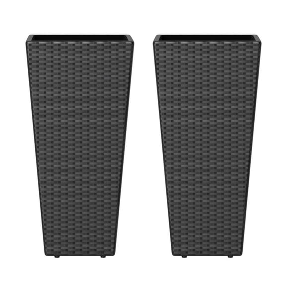 Biotree Set of 2 30 Inch Tall Flower Pots with Open-Ended Base, PE Rattan Modern Square Outdoor Decorative Planters for Patio Entryway Pool Side, Black Finish