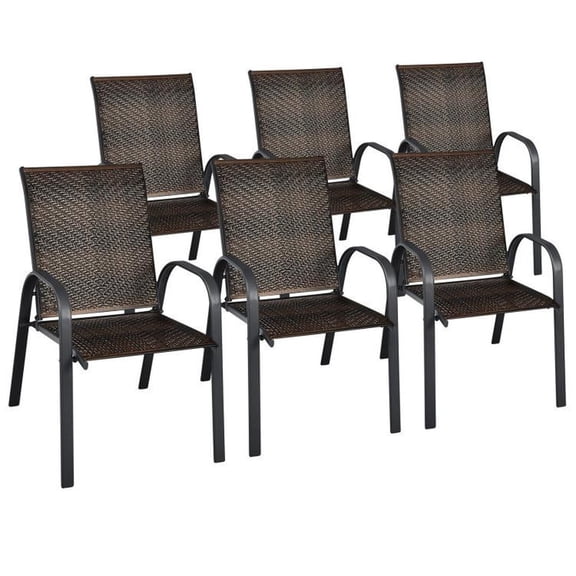Biotree Set of 6 Outdoor PE Wicker Stackable Chairs with Sturdy Steel Frame for Garden Backyard and Patio Dining, Brown