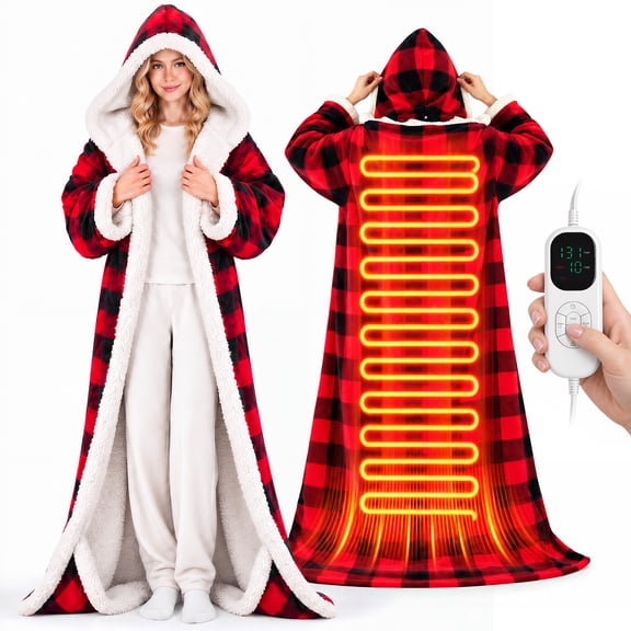 Biotree Wearable Heated Blanket with Waistband, Foot Pocket and Detachable Hood - Electric Plaid Throw Blanket with 6 Heat Levels and 1-12H Auto Timer Settings -50 x 70 inch,Red