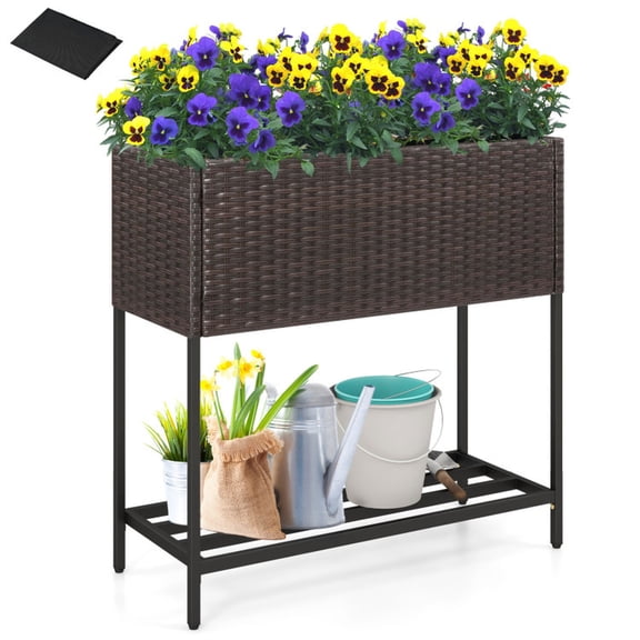 Biotree Wicker Raised Garden Bed with Storage Shelf and Removable Liner for Flowers, 28x12x28 Inch Outdoor PE Rattan Elevated Planter Box for Patio Balcony, Brown