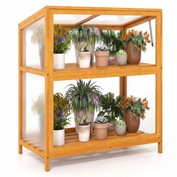 Biotree Wood Cold Frame Greenhouse with Openable Transparent Roof, Slatted Storage Shelf, Elevated Raised Garden Bed Cold Frame for Vegetables Herbs Flowers, Orange