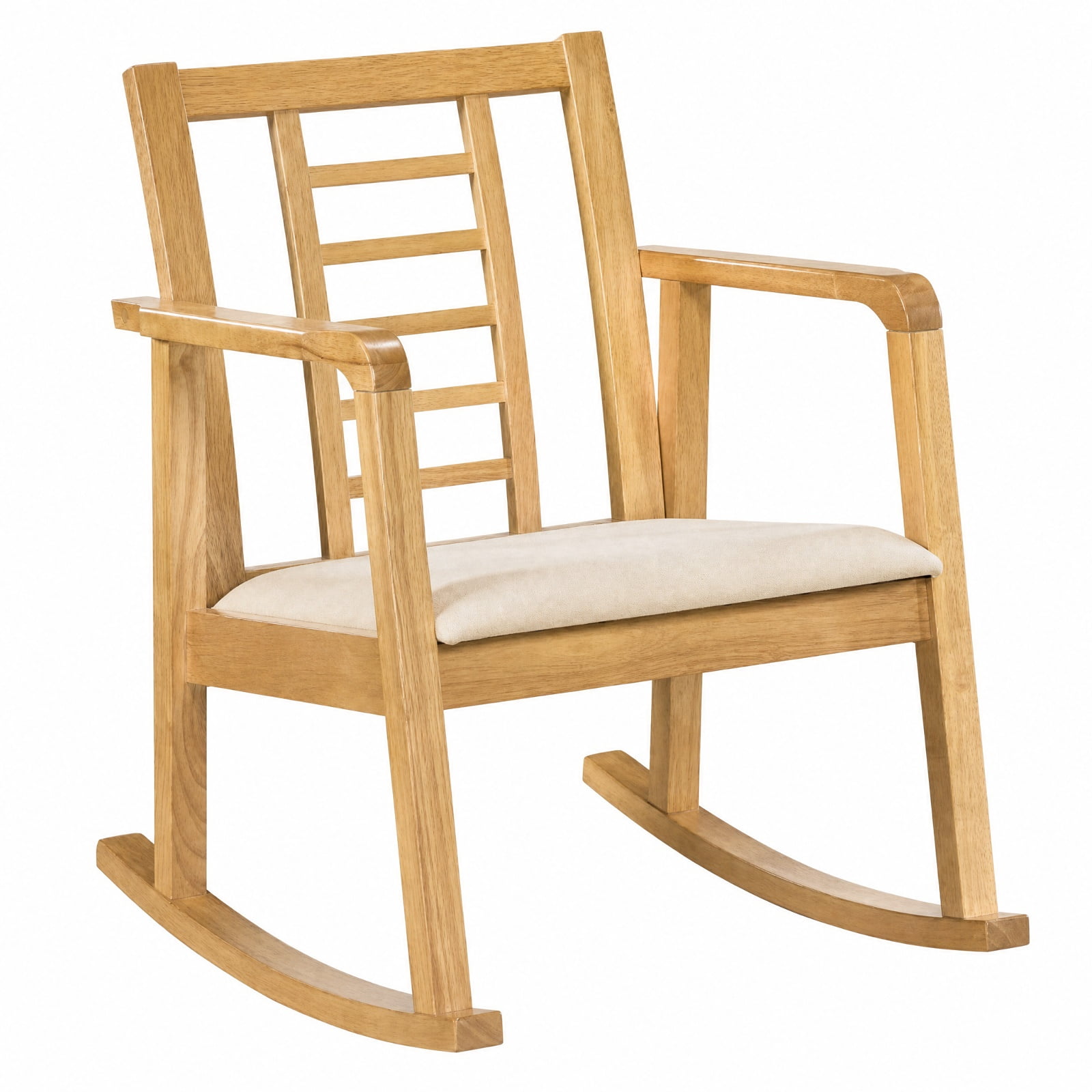 Biotree Wooden Rocking Chair with Upholstered Seat and Ladder Back for Living Room, Natural