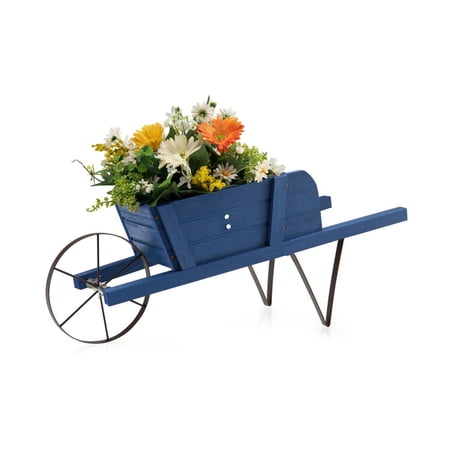 Biotree Wooden Wagon Wheelbarrow Planter with 9 Magnetic Accessories for Garden Yard - Blue