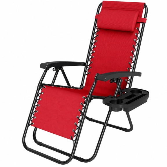 Biotree Zero Gravity Chairs Set of 2, Red Folding Reclining Outdoor Lounge Chair with Cup Holder Tray & Pillow for Patio Lawn Pool