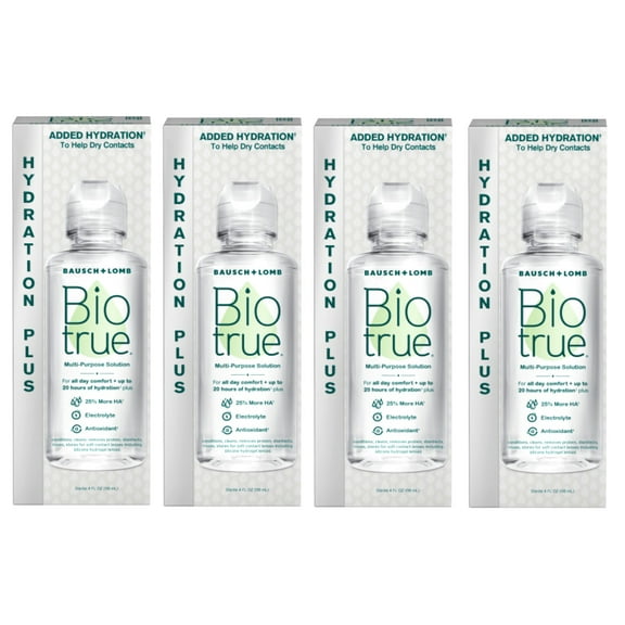 Biotrue Hydration Plus Contact Lens Solution, Multi-Purpose Solution for Soft Contact Lenses, 4 FL OZ - 4 Pack