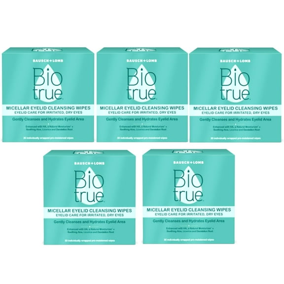 Biotrue Micellar Eyelid Cleansing Wipes, Eyelid Care for Irritated and Dry Eyes from Bausch + Lomb, Fragrance Free, Soothing, Naturally Inspired, Pack of 30 - 5 Pack