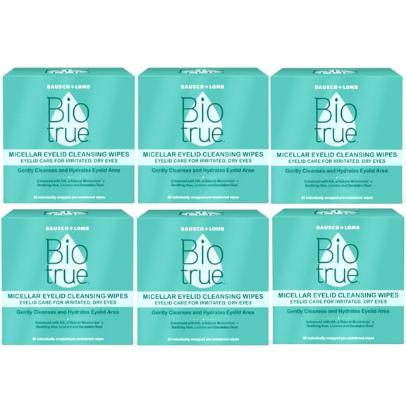 Biotrue Micellar Eyelid Cleansing Wipes, Eyelid Care for Irritated and Dry Eyes from Bausch + Lomb, Fragrance Free, Soothing, Naturally Inspired, Pack of 30 - 6 Pack