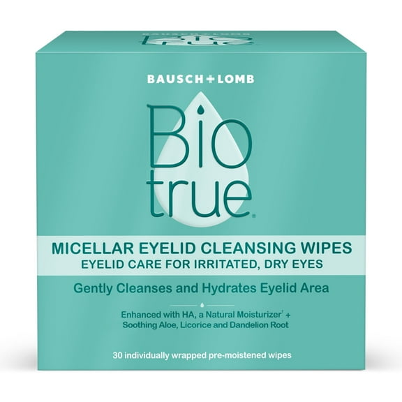 Biotrue Micellar Water Eyelid Cleansing Wipes and Fragrance Free Cleanser, 30 Pack