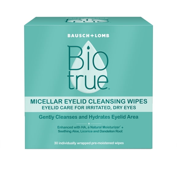 Biotrue Micellar Water Eyelid Cleansing Wipes and Fragrance Free Cleanser, 30 Pack