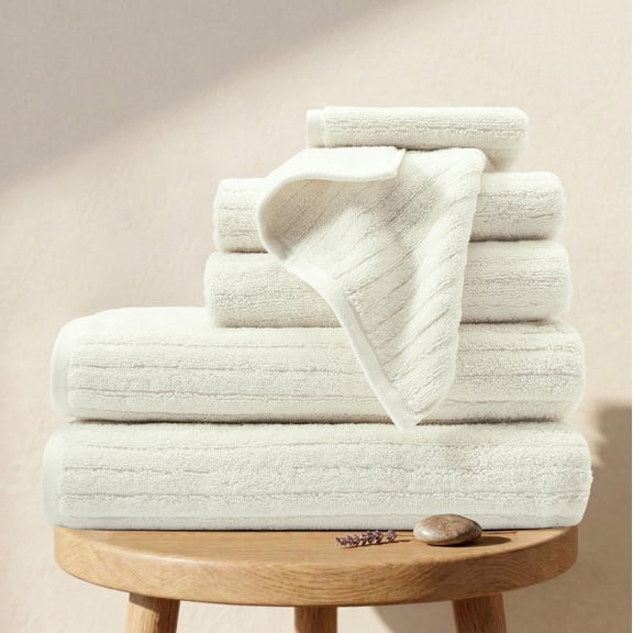 Bioweaves 100% Organic Cotton 6-Piece Luxury Bathroom Ribbed Towel Set GOTS Certified 700 GSM, 2 Bath Towel, 2 Hand Towel & 2 Wash Cloths - Ivory