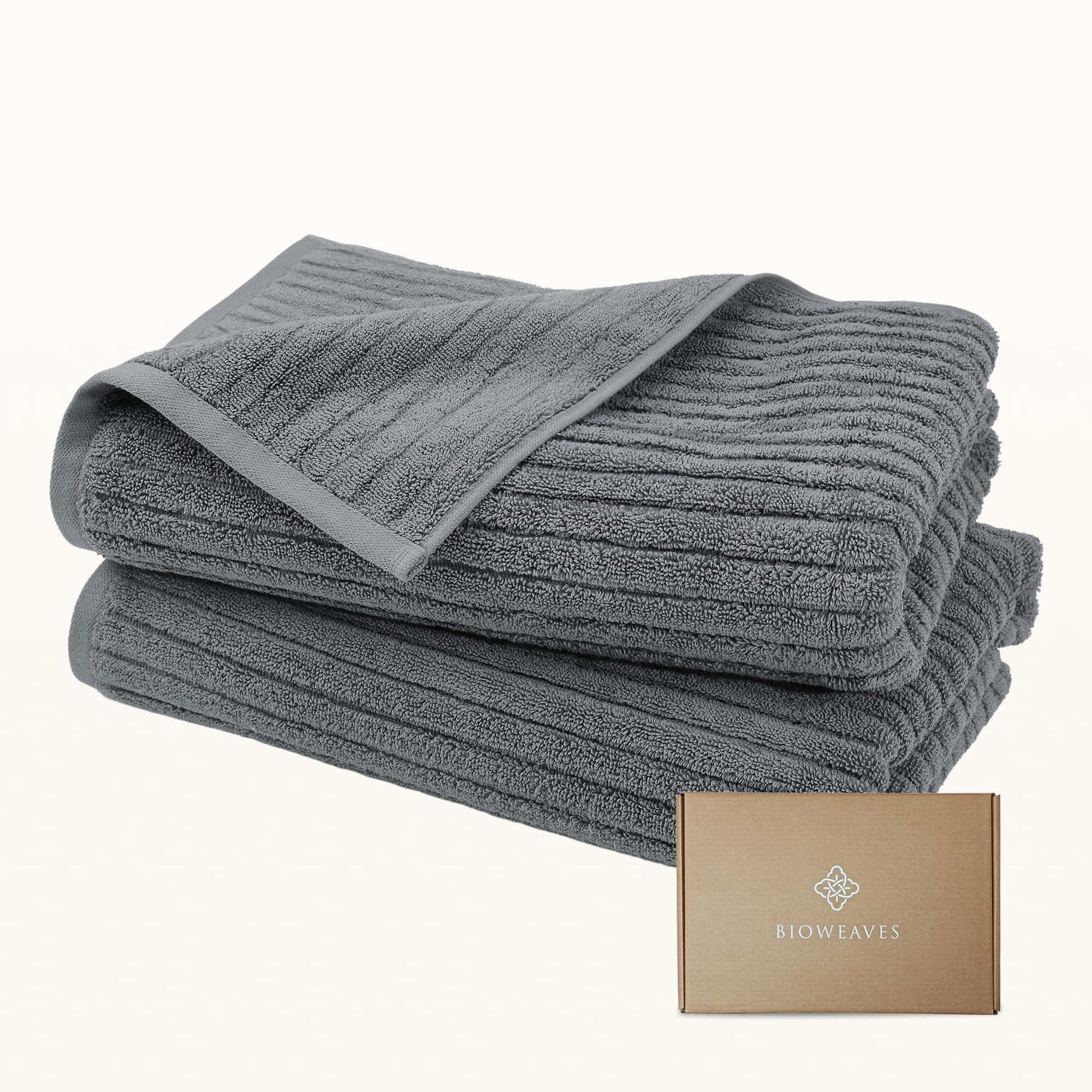 Bioweaves 100% Organic Cotton 700 GSM Luxury Ribbed Bath Towel Set for Bathroom 30" x 58" GOTS Certified - Pewter, Pack of 2