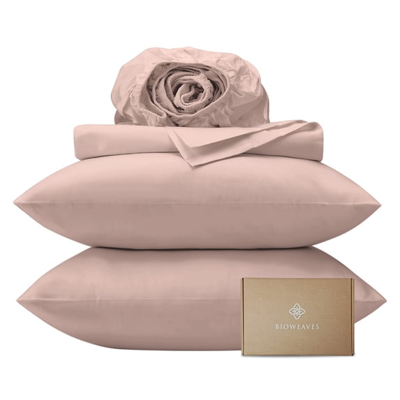 Bioweaves 100% Organic Cotton Sheets, 300 Thread Count 4-Piece GOTS Certified Bed Sheet Set Fits Mattress Upto 17" Deep Pocket, Soft & Silky Sateen Weave (Queen, Dusty Rose)