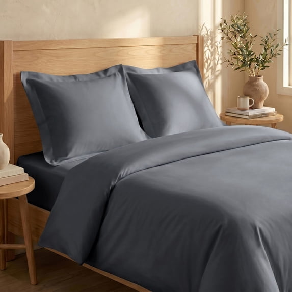 Bioweaves 100% Organic Cotton Twin / Twin XL Duvet Cover Set, 2-Piece, 300 Thread Count Sateen Weave GOTS Certified Comforter Cover with Buttoned Closure and 1 Pillow Sham – Gray, 66x90 inches
