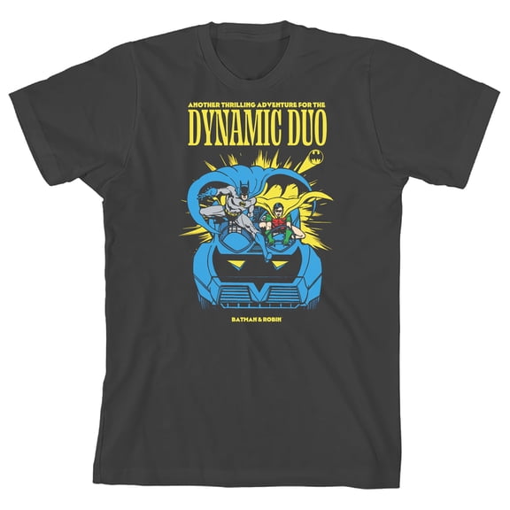 Bioworld Batman Robin Dynamic Duo Boys Youth Graphic Tee | Short Sleeve Crew Neck | DTG Concert-Style Print | Officially Licensed DC Comics T-Shirt-Small