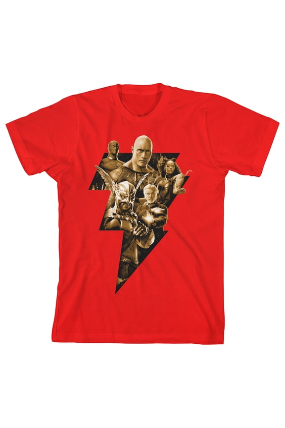 Black Adam Movie Character Group in Lightning Bolt Youth Boys Red T-Shirt-XL
