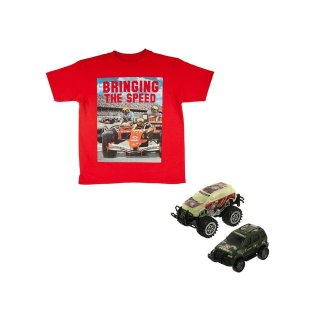 Bioworld "Bringing On The Speed" Red Short Sleeve Graphic T-Shirt Including Camo Truck Toy Gift With Purchase (Little Boys & Big Boys)