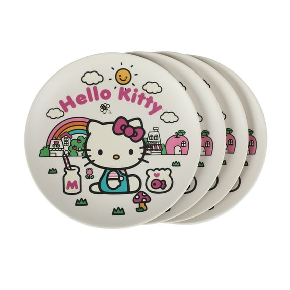 Bioworld Dishwasher Safe Adult Hello Kitty Tableware Plates, Bamboo HKC White, Set of 4