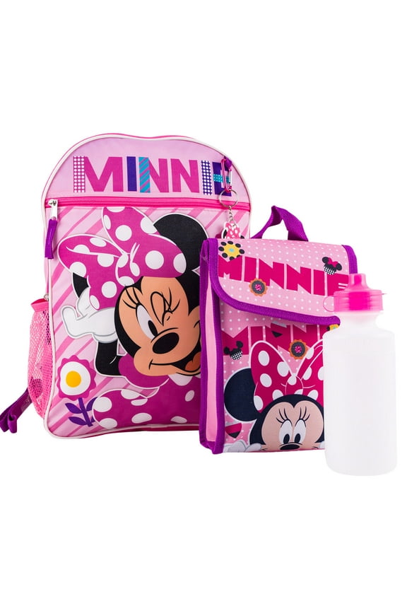 Bioworld Disney Minnie Mouse 5pc 16" Backpack Set- lunch bag, water bottle, carabiner clip & Keychain, 86468