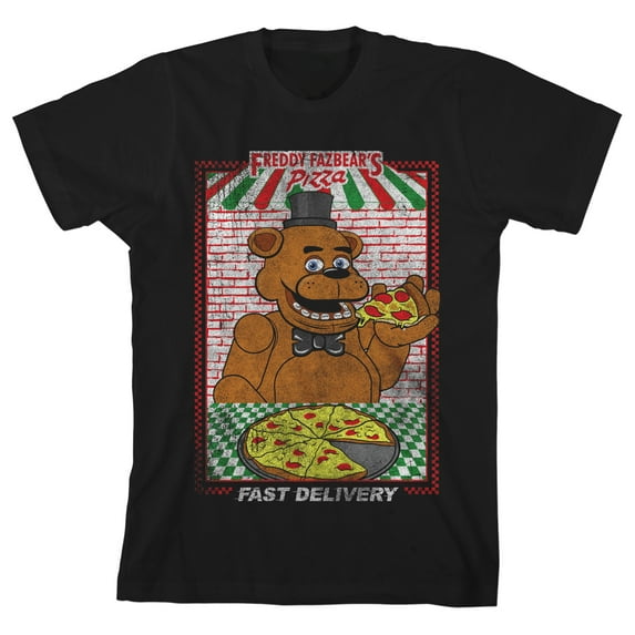 Bioworld Five Nights at Freddy's Fazbear's Pizza Fast Delivery Ad Layout Screen Print on Forest Black Tee-XL