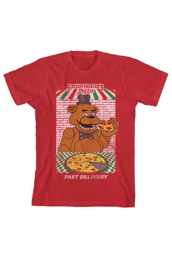Bioworld Five Nights at Freddy's Fazbear's Pizza Fast Delivery Ad Layout Screen Print on Forest Red Tee-M
