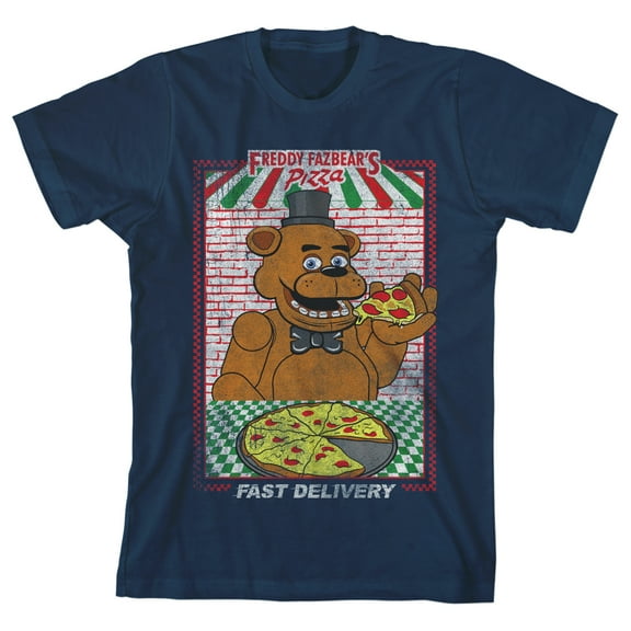 Bioworld Five Nights at Freddy's Fazbear's Pizza Fast Delivery Ad Layout Screen Print on Navy Blue Tee-S
