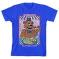 thumbnail image 1 of Bioworld Five Nights at Freddy's Fazbear's Pizza Fast Delivery Ad Layout Screen Print on Royal Blue Tee-XS, 1 of 2