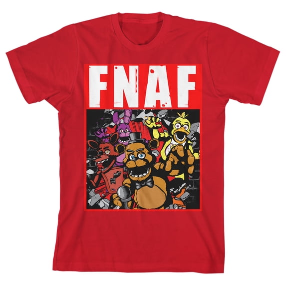 Bioworld Five Nights at Freddy's Group Image in Red Frame Layout Screen Print on Red Tee-M