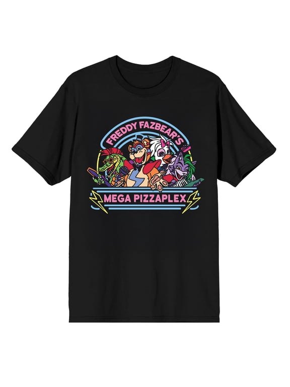 Five Nights at Freddy's Mega Pizzaplex Men's Graphic Tee | DTG Character Art Crew Neck Short Sleeve T-Shirt | Officially Licensed FNAF-Large